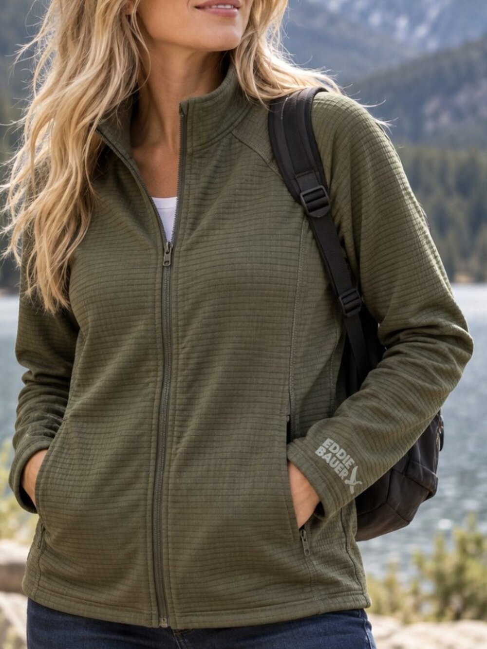 Eddie Bauer Aviator Grid Fleece Jacket Womens S OD Green Full Zip NWT Hiking